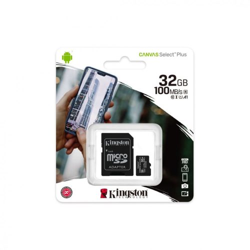 Kingston 32GB microSDHC Canvas Select Plus Class 10 100R A1 C10 Card + adapterrel 